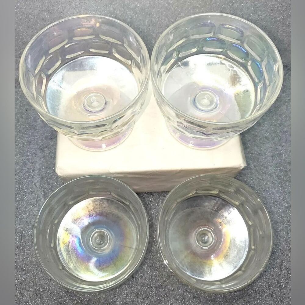 Vintage 4pc Aurora Iridescent Footed Dessert Cups Thumbprint Optic Federal Glass - Picture 4 of 9